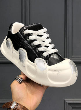 男鞋复古擦色脏脏面包鞋小众阔版大头增高板鞋新款真皮厚底男潮鞋