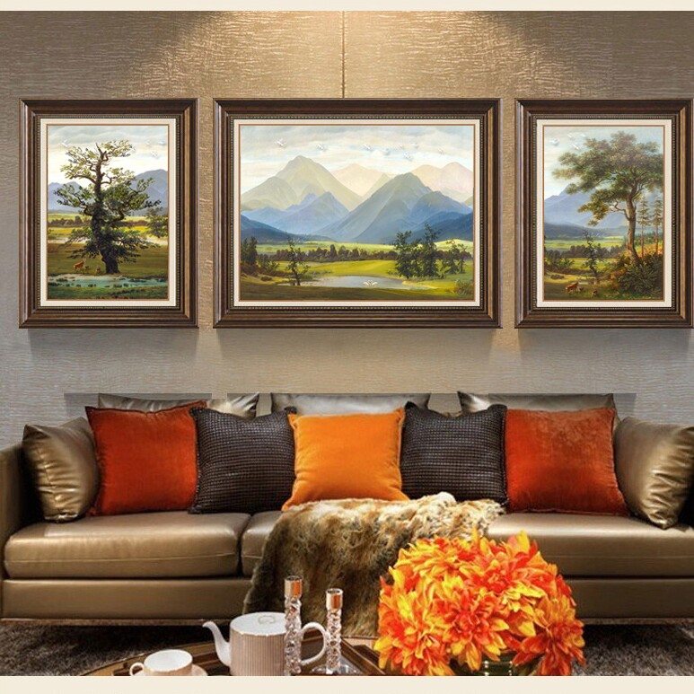 客厅装饰画墙壁油画山水画中古风靠山壁画正品美式沙发背景墙挂画