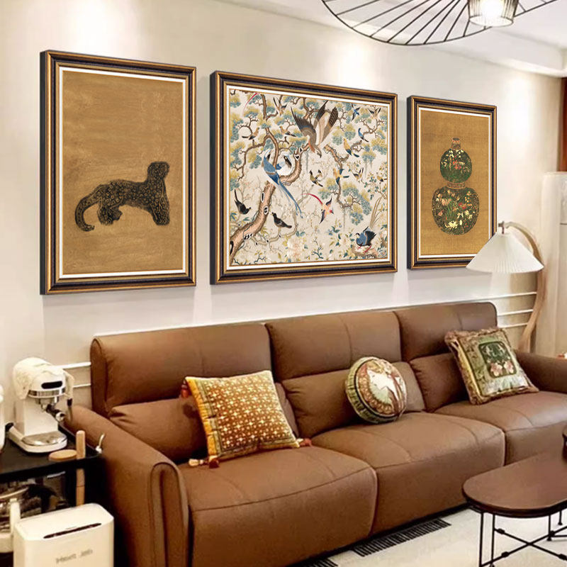 法式中古风客厅装饰画油画金钱豹葫芦墙上壁画美式沙发背景墙挂画