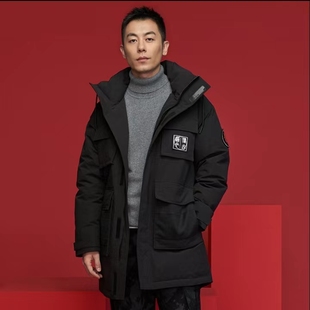 加厚白鸭绒派克男士秋冬季新款印花工装袖标中国风潮流中长款羽绒