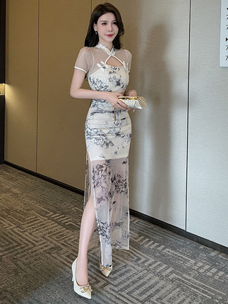 性感时尚SPA柔式按摩足浴疗养生技师中式印花旗袍连衣裙工作服