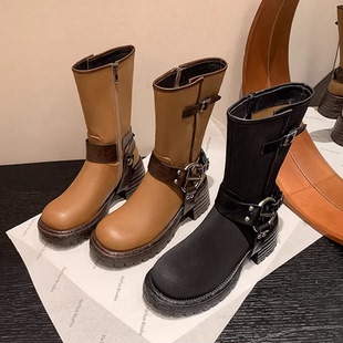 9CM粗高跟金属皮带扣西部牛仔短靴隐形内增高真皮中筒骑士单女靴