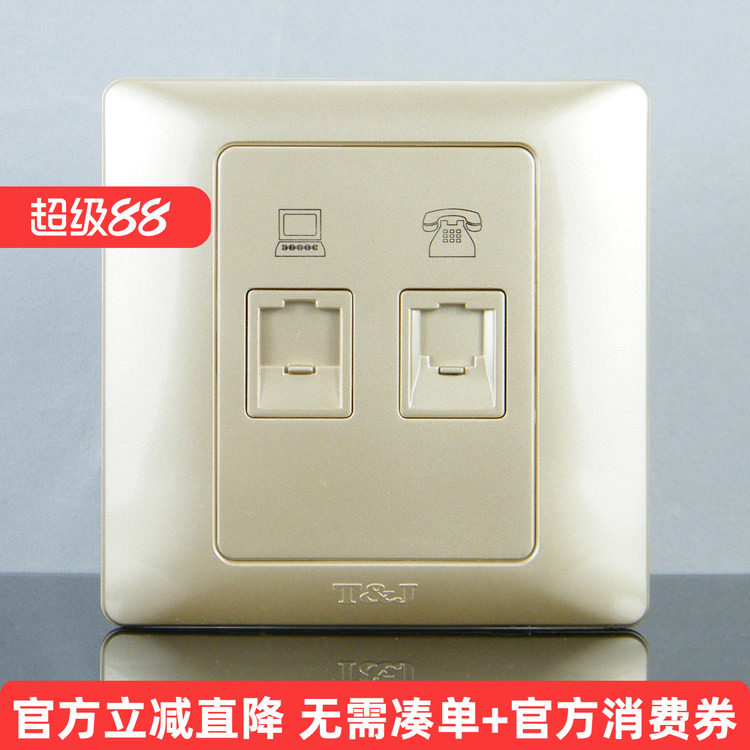 TJ天基开关插座开关面板雅致系列 电话 电脑插座 香槟金