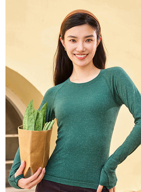 凡圣瑜伽服圆领简约透气时尚T恤运动户外一体织长袖上衣女F14393