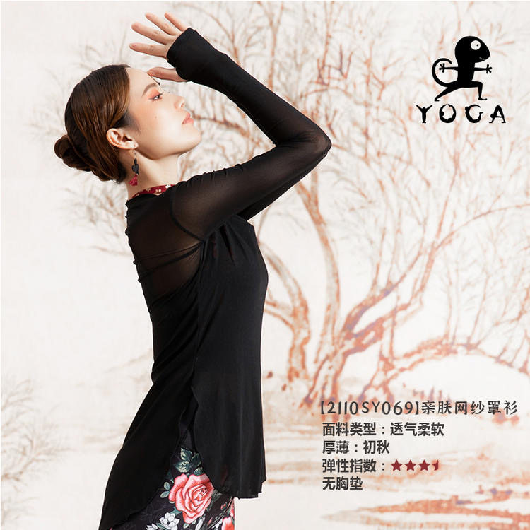 壁虎瑜伽服女款长袖网纱开叉T恤穿指袖健身上衣罩衫显瘦宽松罩衣