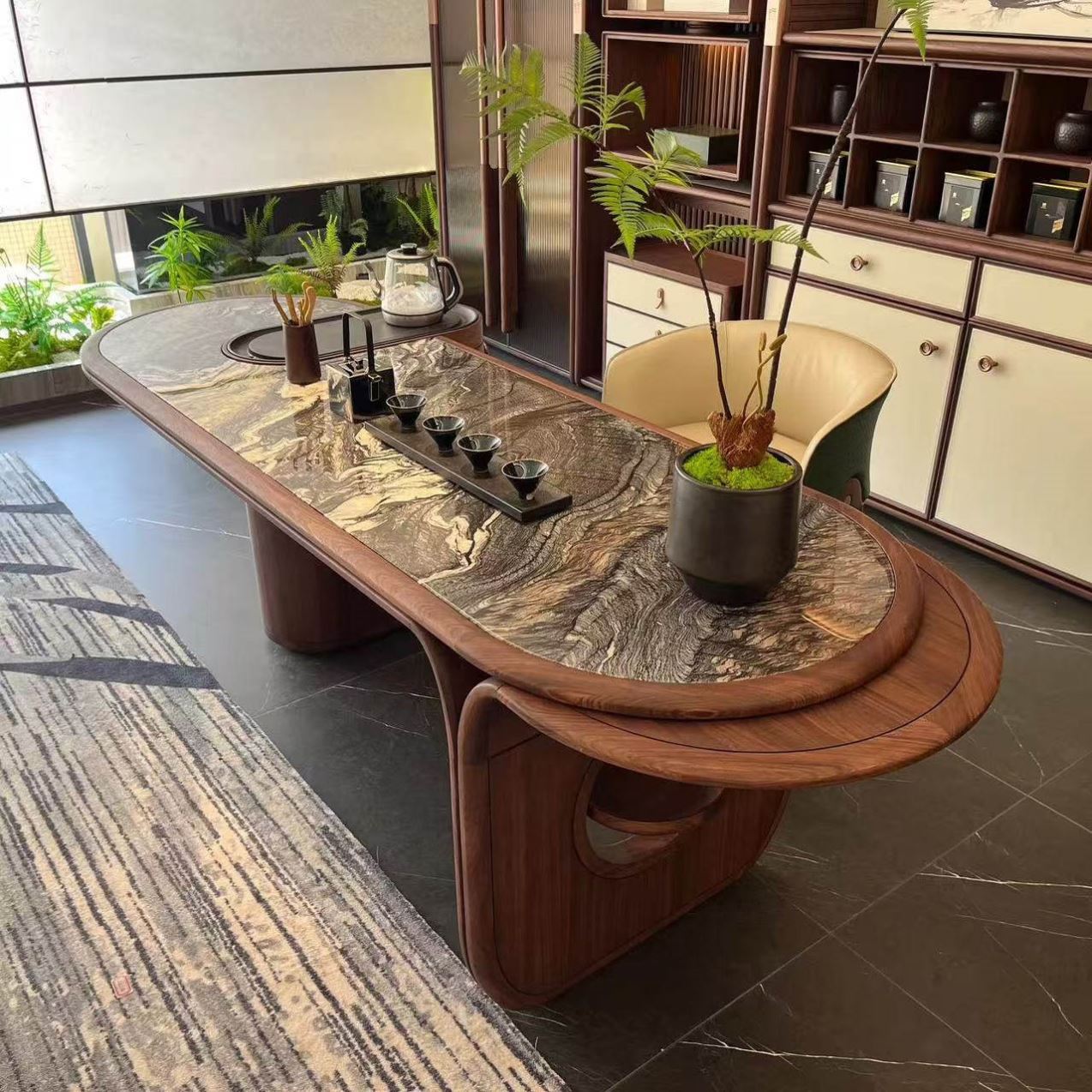 新中式茶桌椅组合现代简约岩板茶台亚克力禅意黑胡桃木茶室泡茶