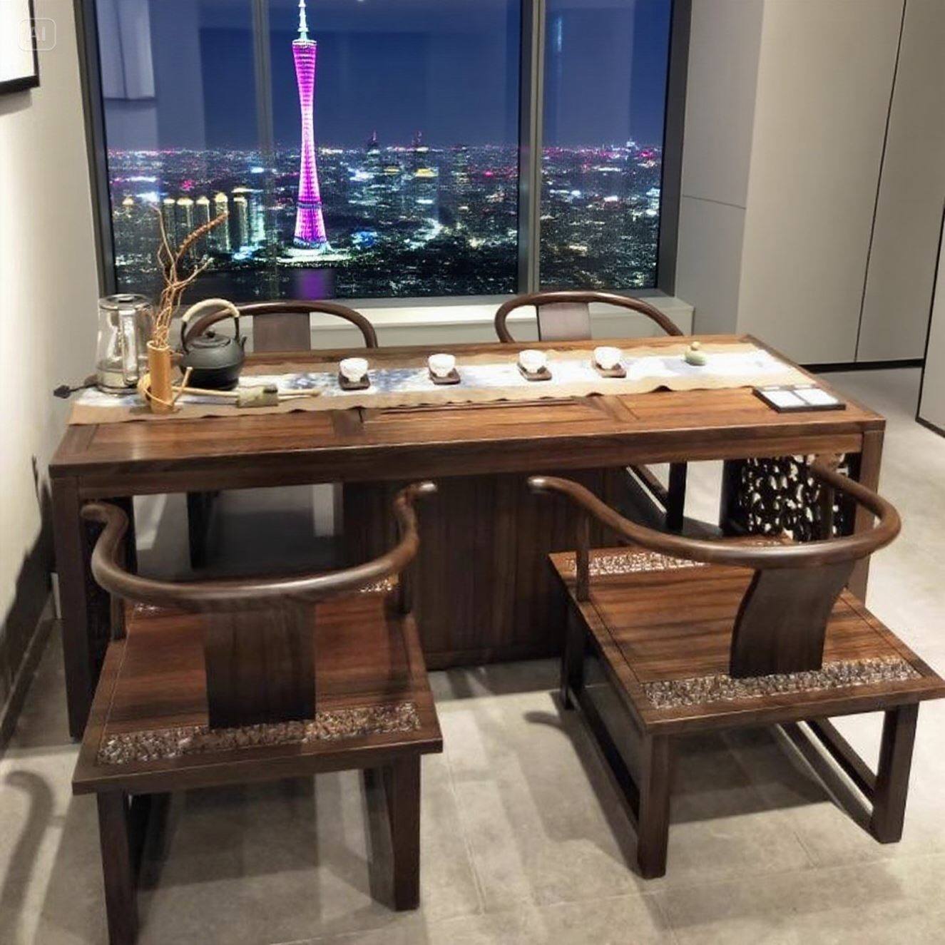 新中式实木茶桌椅组合禅意办公室黑胡桃白蜡木办公室酒店民宿高端