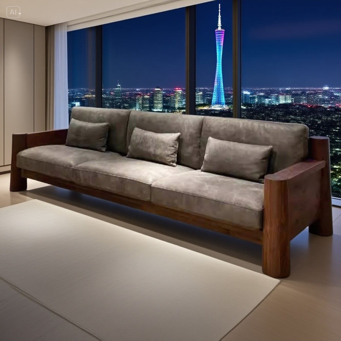 新中式实木直排沙发组合高端黑胡桃木办公室酒店民宿设计师同款