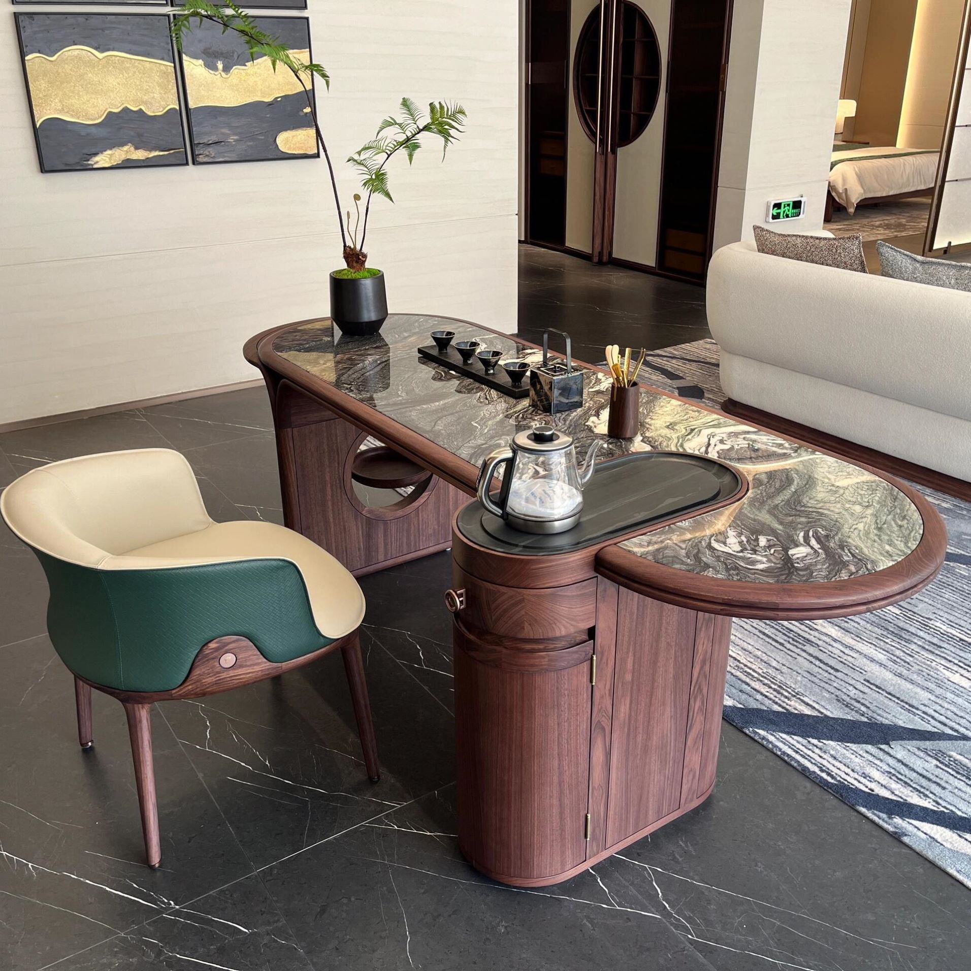 新中式奢石黑胡桃木白蜡木茶桌客厅高端定制茶台设计师同款泡茶桌