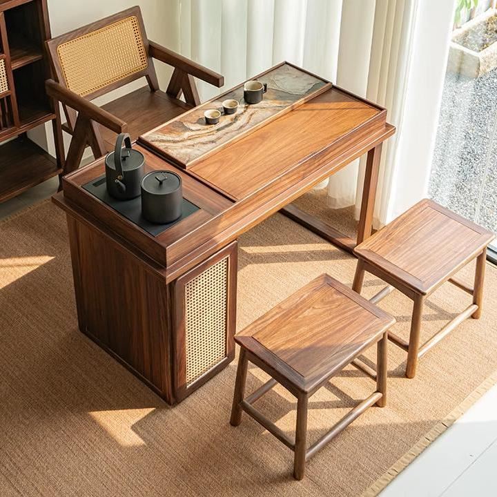 新中式实木阳台茶桌椅组合禅意办公室黑胡桃白蜡木办公室酒店民宿