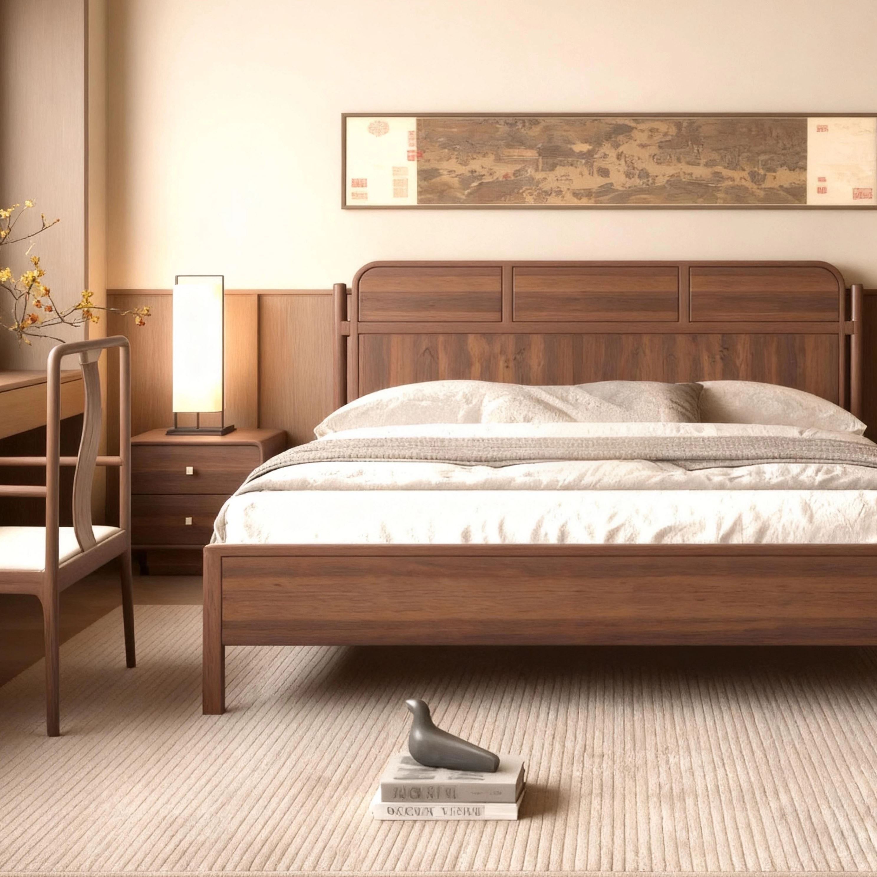 宋式美学大床高端别墅黑胡桃白蜡木设计师款民宿酒店样板房实木床