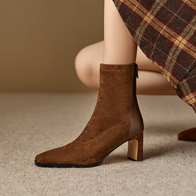 法式短靴女粗跟高跟鞋真皮女靴子