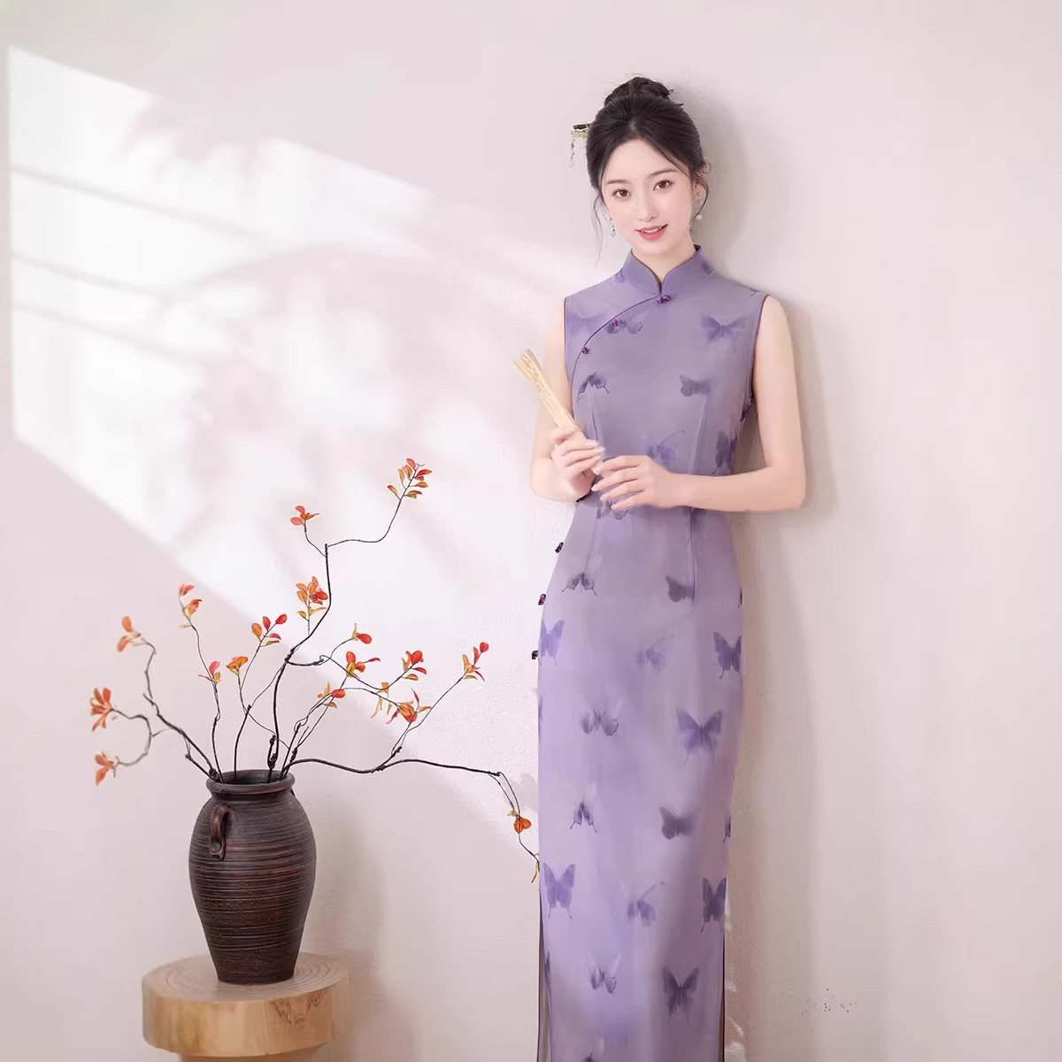 2026夏季无袖长款双层印花新款改良新中式高考妈妈国风紫色旗袍群