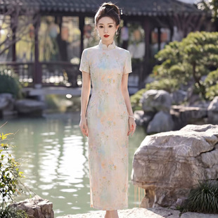 油画风人棉旗袍2026新款改良年轻款少女日常订婚小清新连衣裙夏季