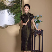 连衣裙 斜襟盘扣轻奢晚宴礼服长款 2026新款 黑金流光暗纹旗袍女短袖