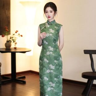 女夏时尚 绿色复古长款 2026年新款 国风女装 改良旗袍裙 少女年轻款