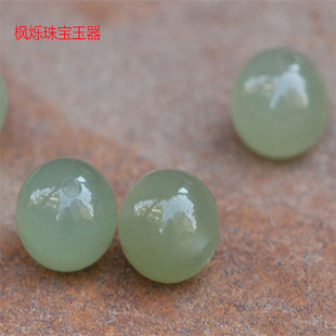青海料和田玉晴水散珠通孔青白玉圆珠子手链项链湖水绿半孔玉珠