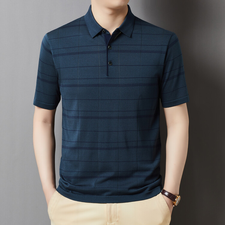 爸爸夏装桑蚕丝男短袖T恤中老年人冰丝条纹polo衫大码衣服