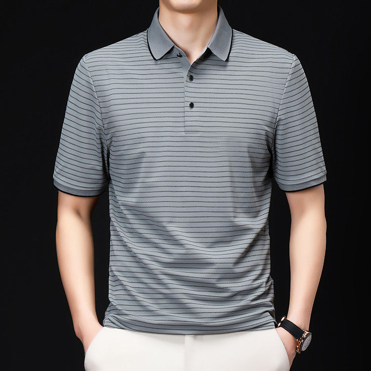 夏季薄款短袖T恤男夏装上衣服中青年翻领条纹冰丝polo衫