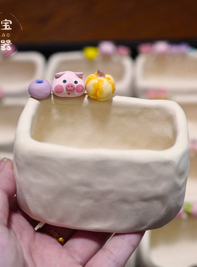 哈宝丨手捏素烧盆长方款猪猪水果多肉花盆可爱卡通透气一物一拍