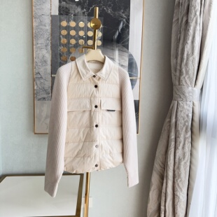 BC高奢 珠链羊毛羊绒针织袖拼接小翻领90白鹅绒羽绒服 女