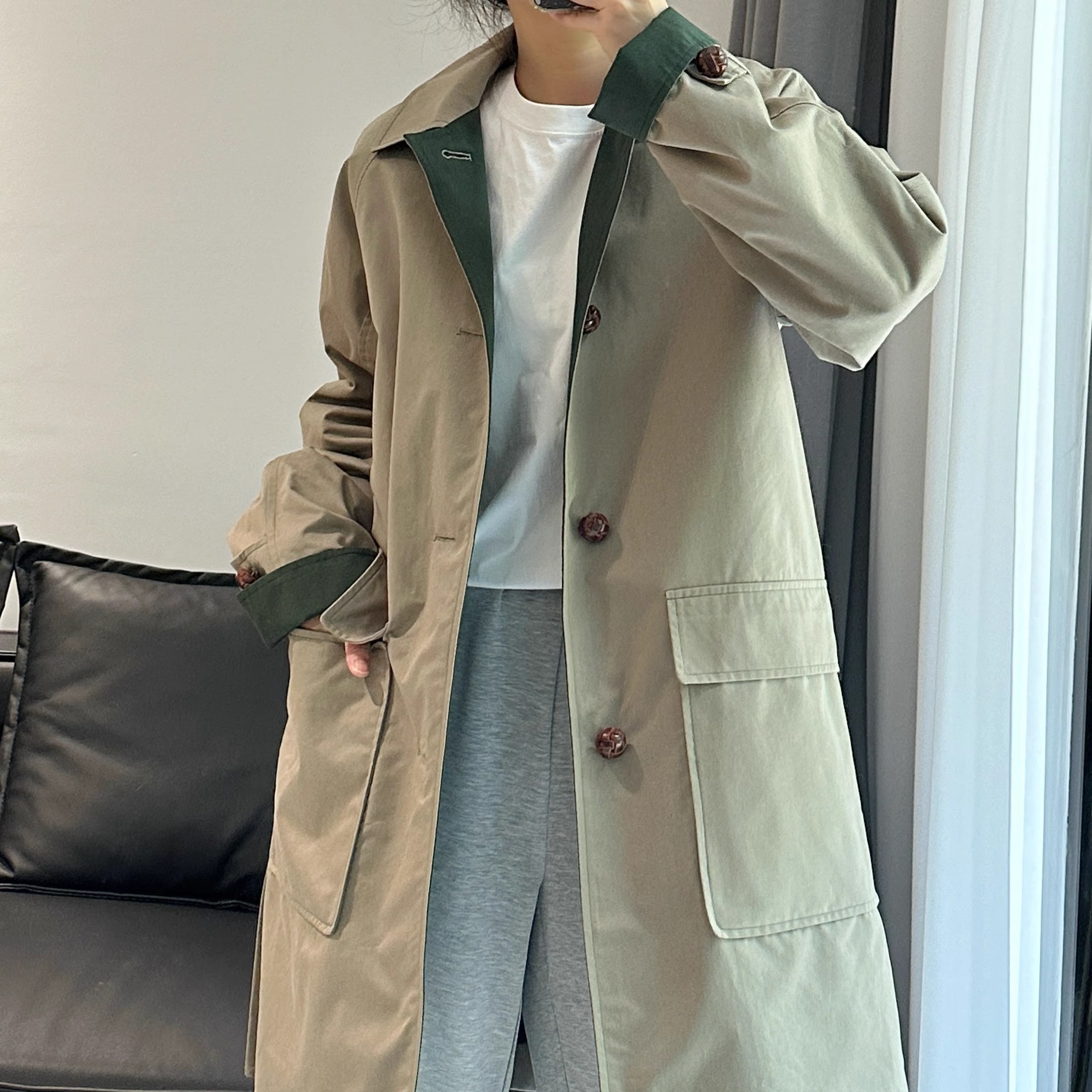 棉质嘎巴甸长款风衣英伦风牛皮扣