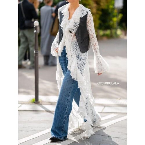 Women Lace Mesh Flowy Maxi Top Tie Front Dimono Cardigan She