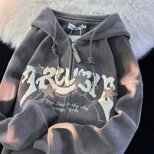 Fashion Embroidery Zip Up Hoodies Women Autumn Long Sleeve T