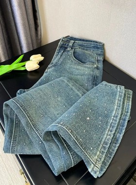 Retro Washed Diamond-encrusted Jeans Women's Spring Design S