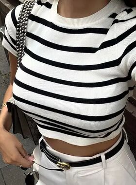 Vintage Women Y2K Stripped Cropped T-shirts for Girls Slim K
