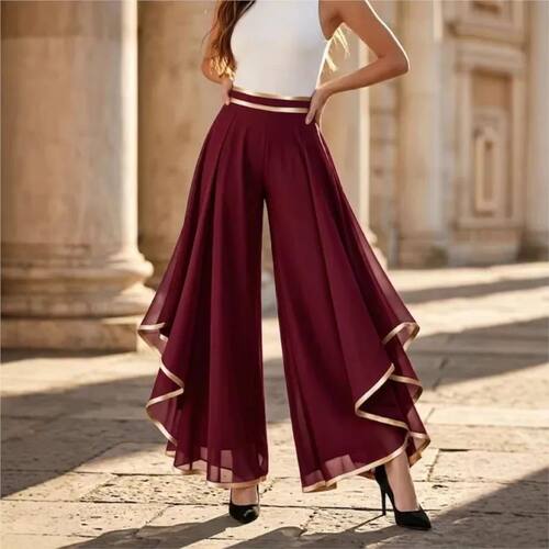 Fashion Gold Trim Ruffle Hem Wide Leg Pants Woman Loose High