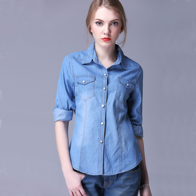 2023 Fashion Plus Size Denim Shirt Women Long sleeve Turn-Do