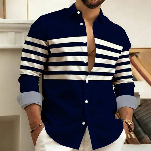 Men's striped long-sleeved shirt, outdoor street style casua