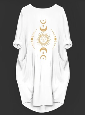 Plus Size 1XL-5XL Women Casual Moon & Sun Print Asymmetrical