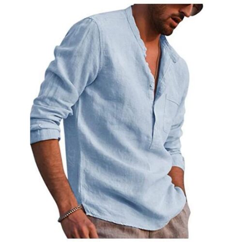 Men's Linen Long Sleeve Shirt - Stand Collar, Button-Front,