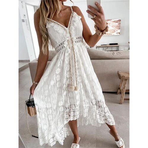 2026 Fashion Women Lace White Long Dress Sleeveless V Neck F