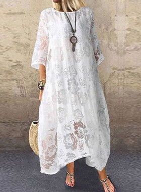 Solid Women Summer Lace Hollow Long Dress Female Half Sleeve