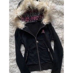 Y2K Black Fur Collar Zipper Sweatshirt Hoodie Sexy Women Swe