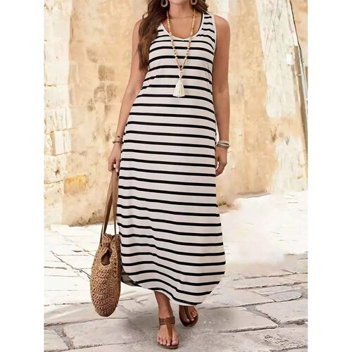 2025 Summer Striped Tank Maxi Dress for Women, U - Neck, Loo