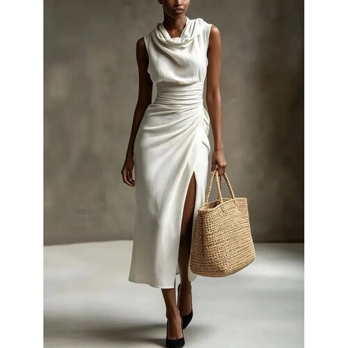 Fashion Ruched Tank Maxi Dress for Women Linen-cotton Gown S
