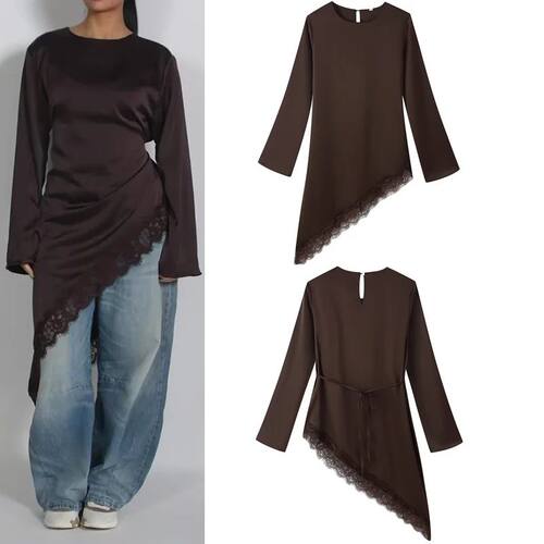 All Season O-neck Asymmetrical Lace Long-Sleeve Blouses Wome