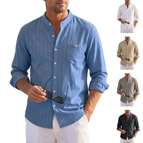 Men's spring-autumn linen stand-up striped long-sleeved casu