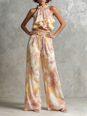 Printed Ruffled Tank Top Wide Leg Pants Set Womens Swimsuit