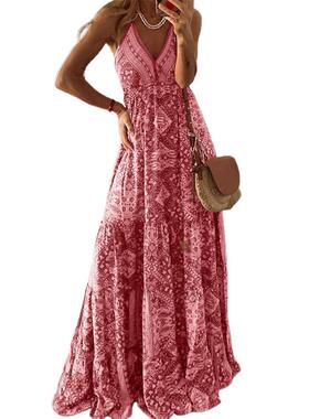 Women Boho Vintage Maxi Dress Loose Flora Print Deep V Neck