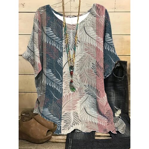 Plus Size Casual Top, Women's Plus Colorblock Leaf Print Sho