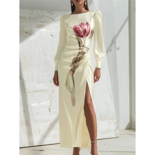 Yeezzi Women Elegant Floral Printed High Split Evening Maxi