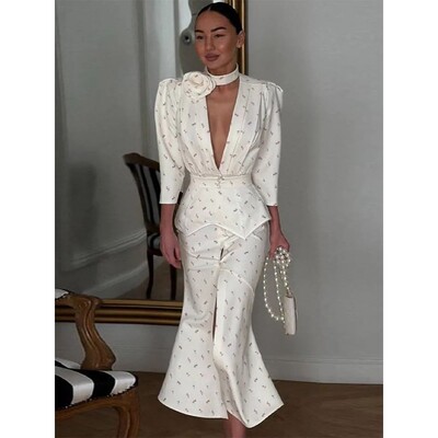 Elegant Women's Printed Waistband Stain Long Dress Slim Wais