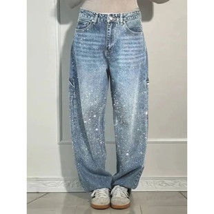 Shiny Rhinestone Baggy Women's Wide Leg Jeans Full Diamond W