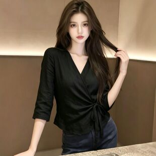 黑色七分袖衬衫女款2026新款夏季法式洋气百搭女士气质上衣衬衣