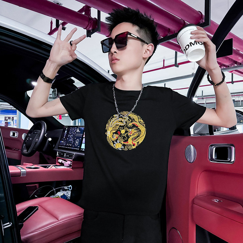 2025夏社会风龙刺绣短袖T恤男修身XZ403-1-T8003-P38限5,男装T恤,电商C301